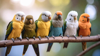 Parrots are sitting on a branch in the morning sun rays.