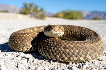Close-up of a western diamondback rattlesnake in the desert of Arizona