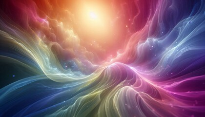 Delicate luminous waves in vivid transparent watercolor hues, flowing through soft light on an ethereal, bright background