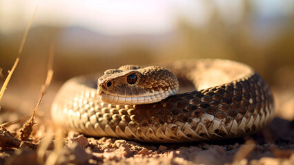 Close-up of a western diamondback rattlesnake in the desert of Arizona