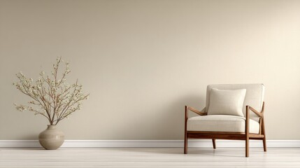 Scandinavian-style interior with beige wall, wooden armchair, textured cushion, and ceramic vase with delicate white blossoms, ideal for minimalist decor, branding, and design mockups