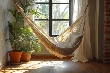 Stylish bright Apartment Interior with Hammock next to big Window and Plants, Cozy home Setting for Relaxation and Calm in Daytime