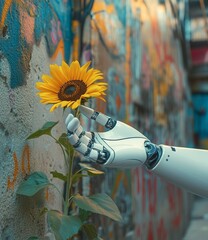 A robotic hand gently touches a sunflower growing beside a colorful graffiti wall. The image contrasts nature and technology, symbolizing harmony, curiosity, and the future of human-machine interactio