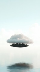Surreal floating island with a cloud hovering above it, reflected on calm water under a pastel sky. A dreamy, minimal scene evoking fantasy, isolation, and peaceful imagination.
