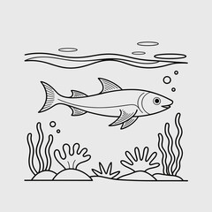 Fototapeta premium Line art illustration of fish swimming in underwater scene 