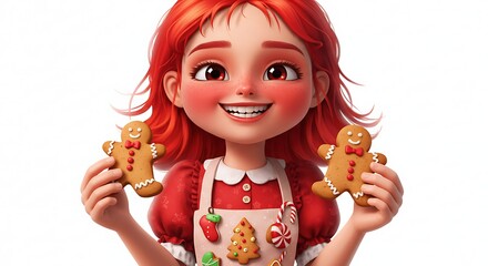 Cartoon realistic girl with bright red cheeks holding a gingerbread cookie in each hand, wearing a holiday apron, white background

