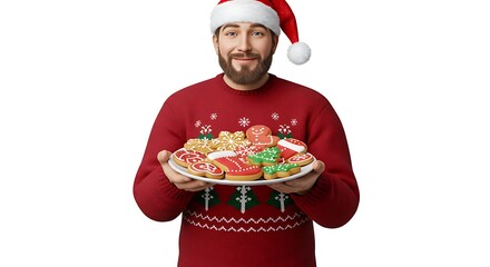 Cartoon realistic man with a Santa hat and red sweater, holding a plate of decorated Christmas cookies, white background

