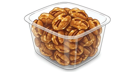 Cartoon plastic container with glazed pecans, golden caramel coating, crunchy texture, glossy shine, highly detailed, vibrant, clean white background.

