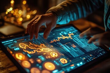 Hands touch glowing data visualizations displayed on a tablet device in the dark
