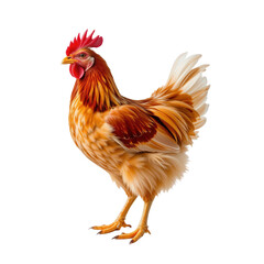 Fototapeta premium Colorful domestic rooster standing proudly with vibrant feathers and striking comb on white background