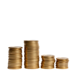 Stacks of golden coins arranged in ascending and descending order on a white background for financial concepts