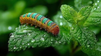 Colorful caterpillar on a mint leaf