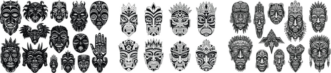 Vector set of tribal masks. Collection of ethnic, aztec, and shamanic face illustrations for tattoo design.