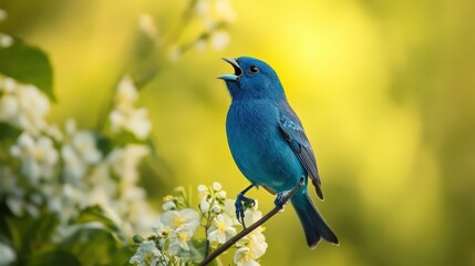 Obraz premium Vibrant blue bird perched on branch amidst springtime blossoms.