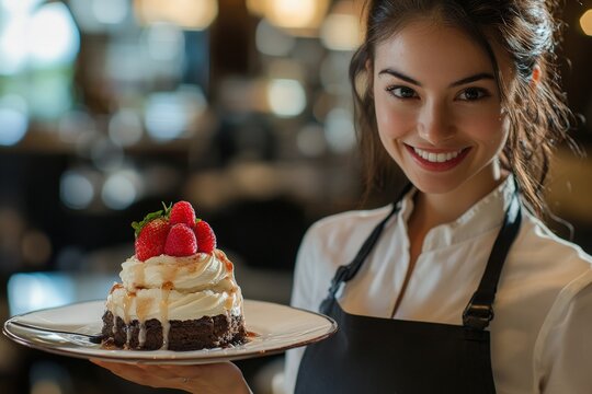 Smiling waitress in cafe holds tray of mini cakes with fruit toppings ready to serve
