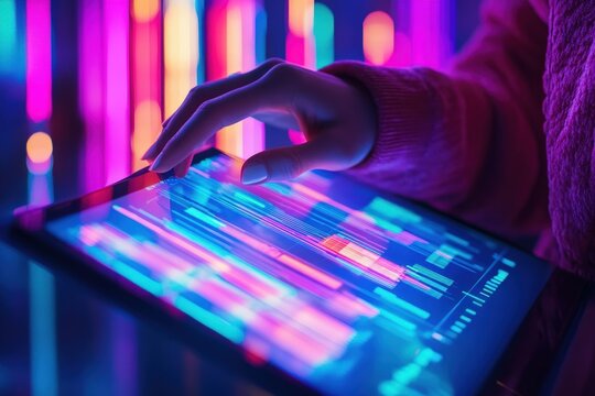 Hands touch glowing data visualizations displayed on a tablet device in the dark - Powered by Adobe