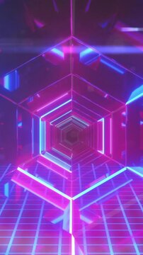 Futuristic neon lit pink and blue hexagonal passageway with blue grid below