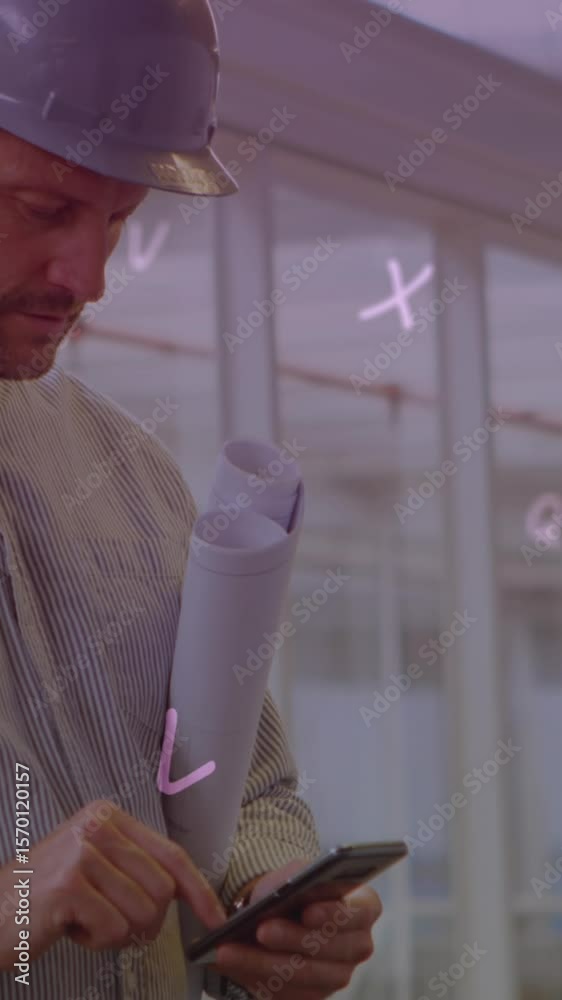 Poster digital composition of multiple alphabets floating against male architect using smartphone