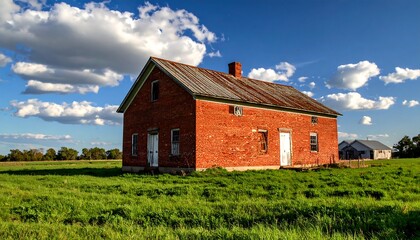 Red brick house in a grassy field under a partly cloudy sky