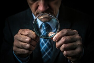 Man holding magnifying glass inspecting complicated digital data displayed on a computer screen