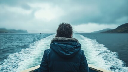 Person gazing out at a vast, grey sea.