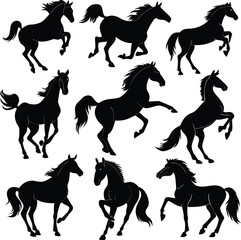 Fototapeta premium Horse silhouette bundle set vector A collection of 9 black horse silhouettes in various poses, including jumping, standing, sitting, and digital use with white background 
