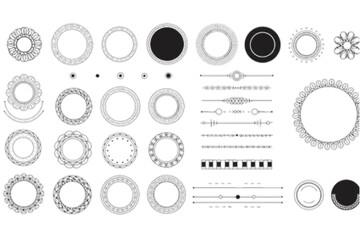 Hand drawn decorative elements with circle frames and borders offer versatility for creative design projects, invitations, or branding.