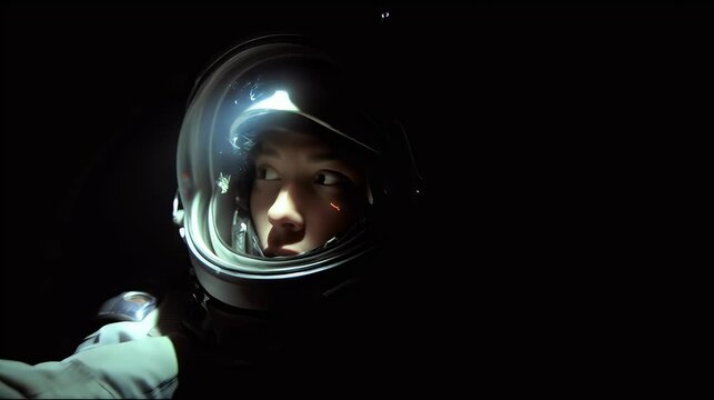 Frightened woman in spacesuit ventures into pitch-black cavern