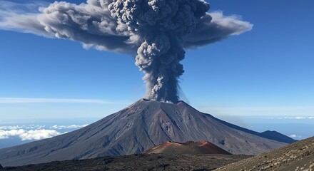 Volcano erupting with a large ash plume against a clear blue sky.