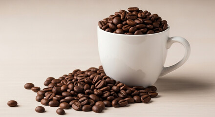 Fototapeta premium A white mug overflowing with roasted coffee beans and a small pile of beans on the surface