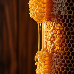 Honeycomb filled with honey dripping down side of frames.