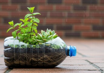 clear plastic bottle repurposed as planter for small plants, sitting on brick ground during rain. Plastic Bottle Planter with Green Succulent Eco Idea
