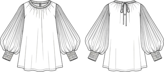 Blouse technical sketch, front and back view, round neckline, pleated front detail, voluminous long sleeves, gathered cuffs, tie-back neck, fashion drawing, garment template