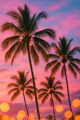 Obraz premium Tropical sunset with silhouetted palm trees against pink and purple sky