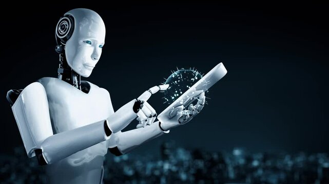 Futuristic robot artificial intelligence huminoid AI programming coding technology development and machine learning concept. Robotic bionic science research for future of human life. 3D rendering.