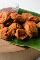 Overhead view of Akara on plantain leaf, top view of nigerian akara fried beans cake
