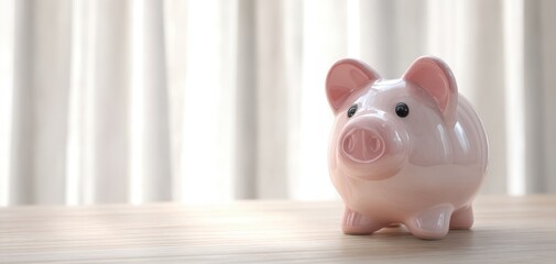 The adorable pink piggy bank on a stylish wooden table.