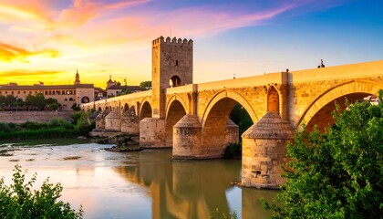Obraz premium Ancient bridge at sunset over a calm river