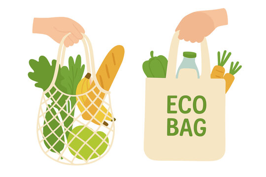Eco-friendly shoppers carry reusable bags, bringing their own pack for grocery shopping with zero waste products, utilizing plastic-free packs with food in an organic and green ecological setting