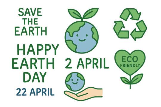 Earth Day concept, 22 April, featuring a vector set of elements, including a globe and recycle symbol, in a simple doodle style, promoting eco-friendly minimal design suitable for web, banners