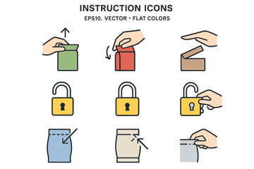 A collection of instruction icons including openings, locks, and tear notches, ideal for incorporation into packaging design, available in EPS10 format