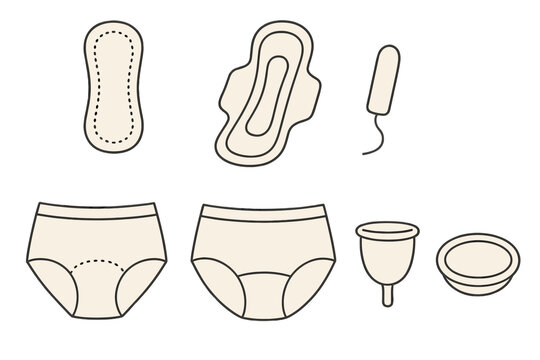 Minimalist Lineart Illustrations of Various Period Products like Pantyliner, Sanitary Napkin, Tampon, Disposable Menstrual Pants, Period Underwear, Menstrual Cup, and Menstrual Disc