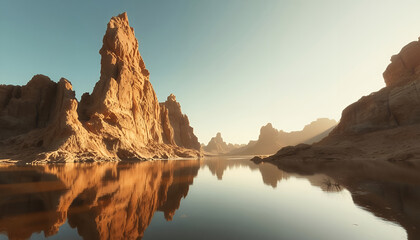 Reflective Tranquility: A breathtaking desert landscape showcases majestic rock formations mirrored in the serene surface of a calm lake, under a clear, expansive sky.