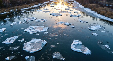 River with ice floes and trees on the banks at sunset aerial view.