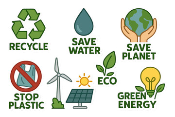 Eco stickers set featuring caring for nature and the environment through recycling, water and planet conservation, reducing plastic use, and promoting green energy and solar power, presented as