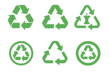 Fototapeta premium A set of 6 different recycling icons, including a green recycle sign, is presented on a white background, symbolizing reuse, renewal, and composting of food waste in a vector illustration with a flat