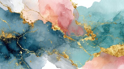 A painting of a blue and pink swirl with gold accents. The colors and gold accents give the painting a luxurious and elegant feel