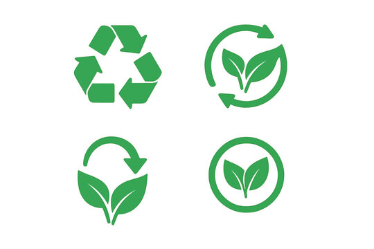 Vector illustration of a sustainability icon set featuring green arrows, leaves, and recycling symbols, representing biodegradable, compostable, and renewable natural materials, with the message