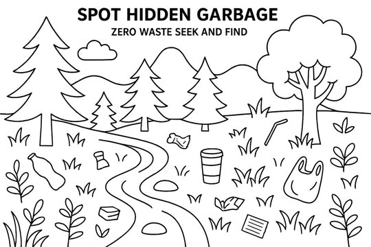 Ecological searching game with forest landscape and rubbish, spot hidden garbage in picture, a zero waste seek and find educational printable activity and Earth day coloring page in black and white