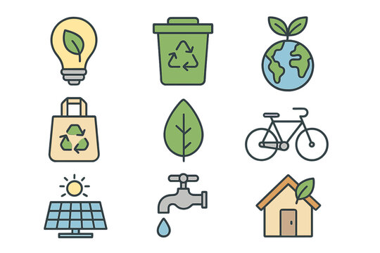 Eco lifestyle line icons representing the ecology concept, available in pixel perfect 64x64 and editable stroke formats